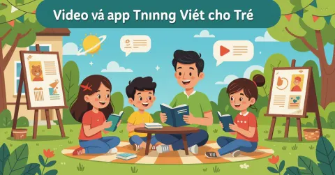 Trẻ em đang học tiếng Việt trên máy tính bảng cùng cha mẹ trong căn hộ hiện đại tại Nhật Bản