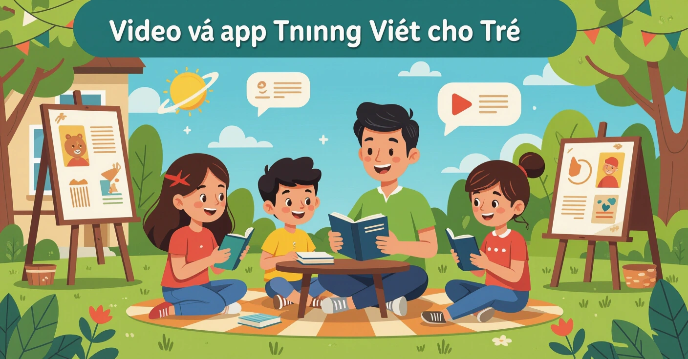 Trẻ em đang học tiếng Việt trên máy tính bảng cùng cha mẹ trong căn hộ hiện đại tại Nhật Bản