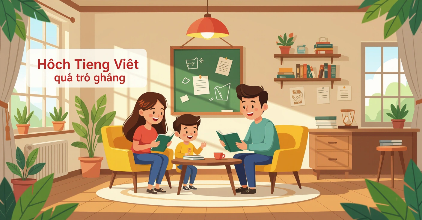 Gia đình Việt-Nhật đang chơi trò chơi dân gian ô ăn quan trong phòng khách hiện đại tại Nhật Bản