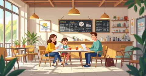 Bà mẹ người Việt đang làm thủ tục giấy tờ cho con tại tòa thị chính Nhật Bản, minh họa phong cách vector hiện đại