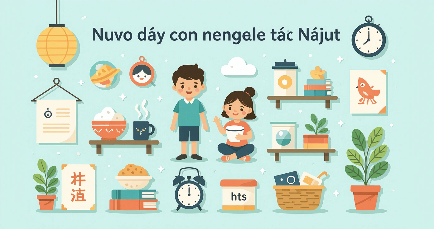 Thực phẩm dinh dưỡng cho trẻ em gồm rau củ, cá nhỏ và sản phẩm bổ sung vitamin trên nền tatami Nhật Bản