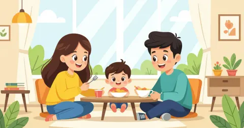 Minh họa người mẹ chuẩn bị thức ăn dặm cho bé trong căn bếp Nhật Bản hiện đại