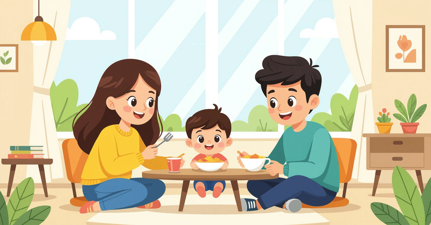 Minh họa người mẹ chuẩn bị thức ăn dặm cho bé trong căn bếp Nhật Bản hiện đại
