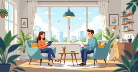 Minh họa cha mẹ nước ngoài làm việc linh hoạt tại nhà Nhật Bản với trẻ nhỏ, phong cách vector hiện đại