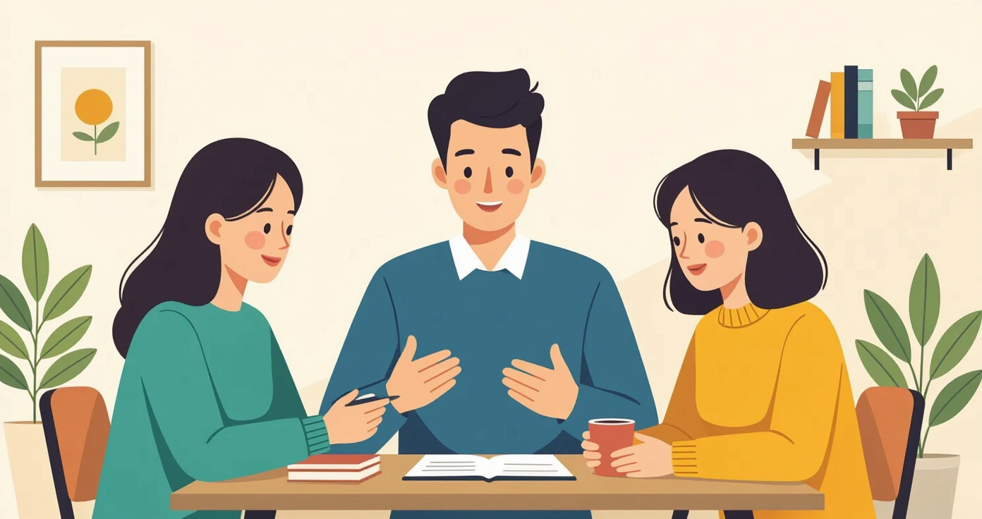 Cha mẹ thư giãn với tách trà trong vườn Nhật nhỏ, ánh sáng dịu