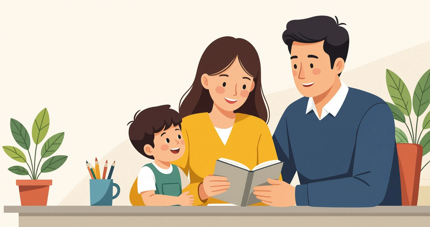 Cha mẹ ôm con trong phòng khách Nhật Bản với shoji và tatami, biểu cảm lo âu