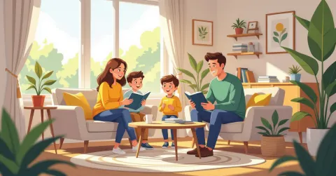 Minh họa cộng đồng cha mẹ đa văn hóa gặp gỡ tại trung tâm cộng đồng Nhật Bản