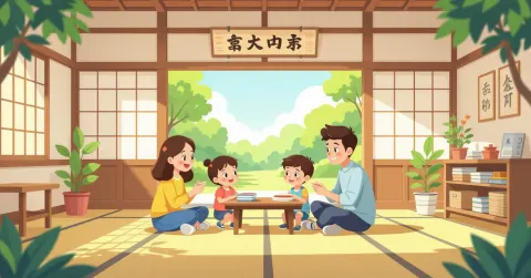 Minh họa lớp học yochien Nhật Bản với trẻ em đa văn hóa tham gia hoạt động nhóm cùng giáo viên