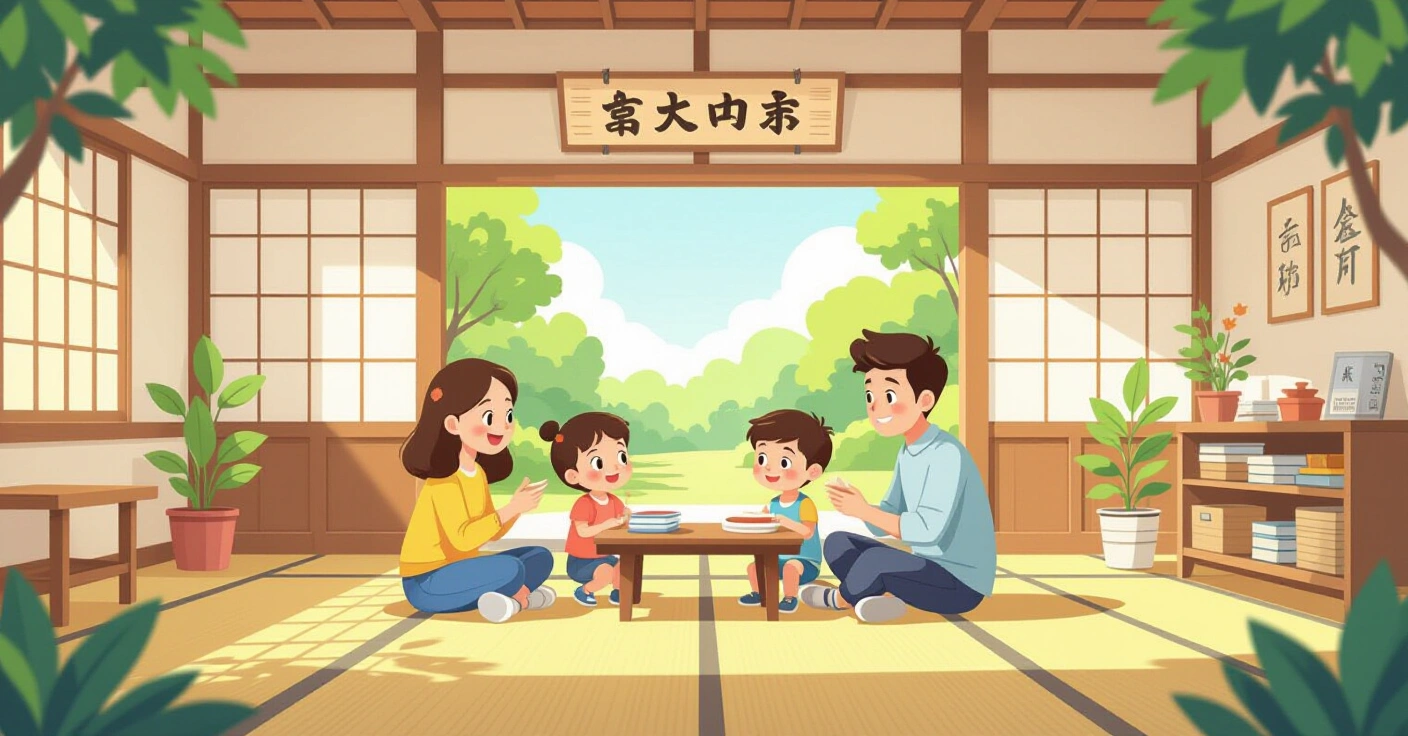 Minh họa lớp học yochien Nhật Bản với trẻ em đa văn hóa tham gia hoạt động nhóm cùng giáo viên