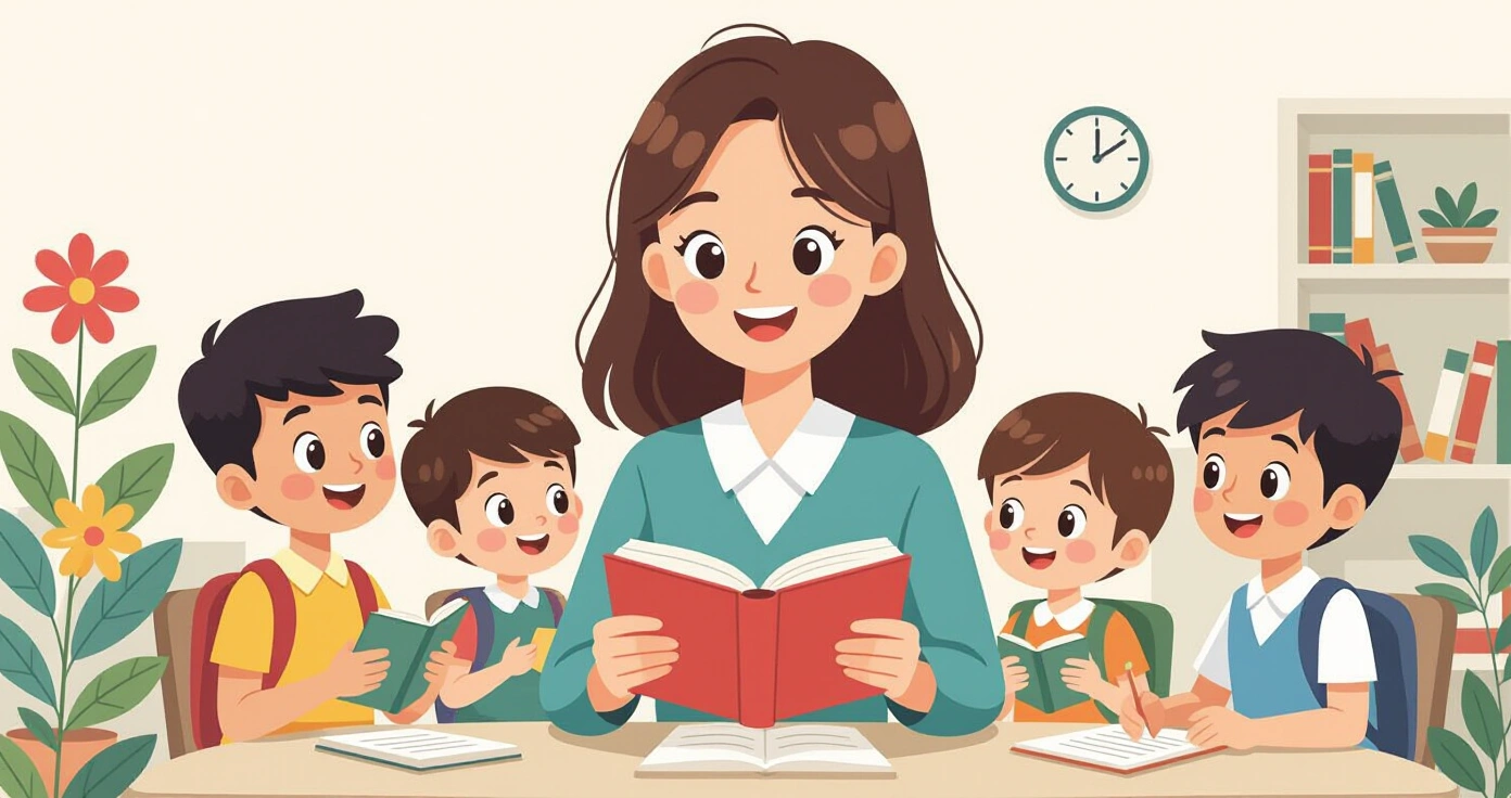 Giáo viên yochien đọc sách tranh cho nhóm trẻ ngồi thành vòng tròn