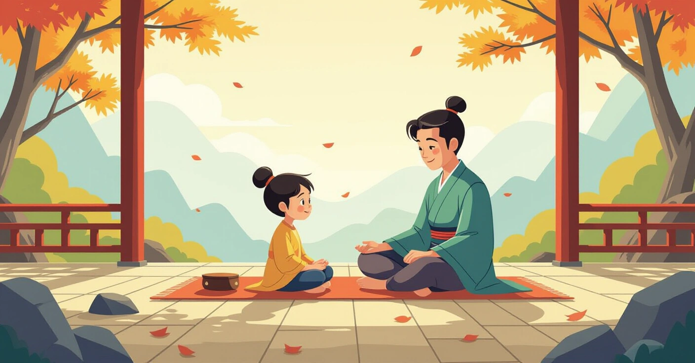 Mẹ và bé ngồi thiền zazen trên tatami trong căn nhà Nhật Bản yên bình